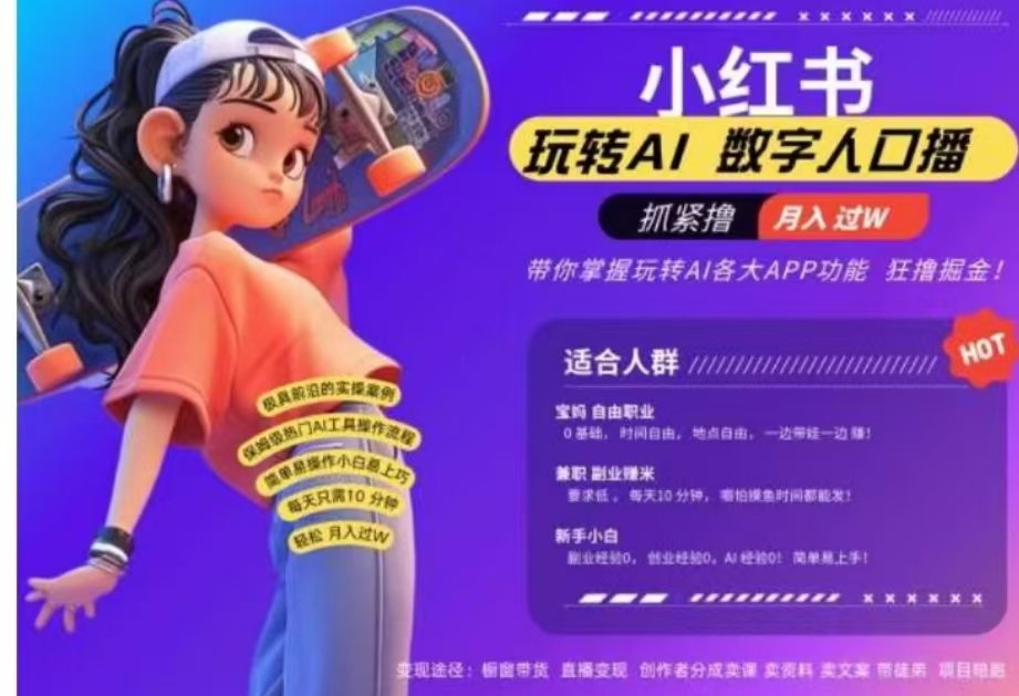 小红书数字人暴力起号，AI改写文案，流量火爆月入破W轻松拿捏，再也不用费劲录口播网创吧-网创项目资源站-副业项目-创业项目-搞钱项目共创吧
