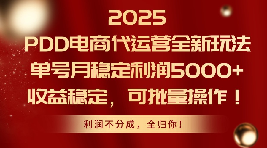 2025 PDD电商代运营全新玩法,单号月稳定利润5000+,收益稳定,可批量操作!网创吧-网创项目资源站-副业项目-创业项目-搞钱项目共创吧