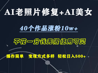 AI老照片修复+AI美女玩发  40个作品涨粉10w+  不花一分钱使用可灵  操作简单  变现方式多样话   轻松日去500+共创吧-网创项目资源站-副业项目-创业项目-搞钱项目共创吧