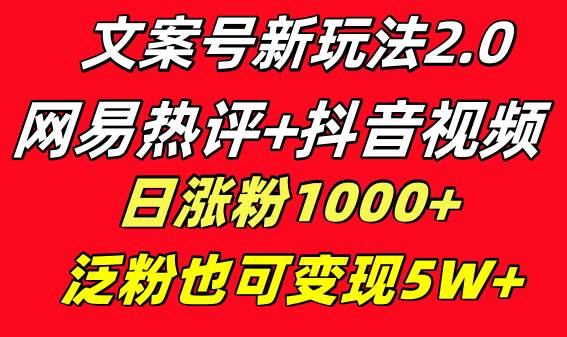 文案号新玩法 网易热评+抖音文案 一天涨粉1000+ 多种变现模式 泛粉也可变现网创吧-网创项目资源站-副业项目-创业项目-搞钱项目共创吧