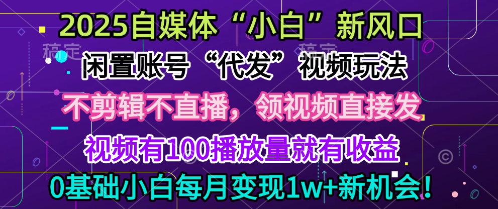2025每月躺赚5w+新机会,闲置视频账号一键代发玩法,0粉不实名不剪辑,领了视频直接发,0基础小白也能日入300+网创吧-网创项目资源站-副业项目-创业项目-搞钱项目共创吧