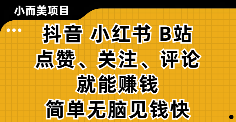 小而美的项目，抖音、小红书、B站视频点赞、关注、评论就能赚钱，简单无脑立见收益！妥妥的零撸项目网创吧-网创项目资源站-副业项目-创业项目-搞钱项目共创吧