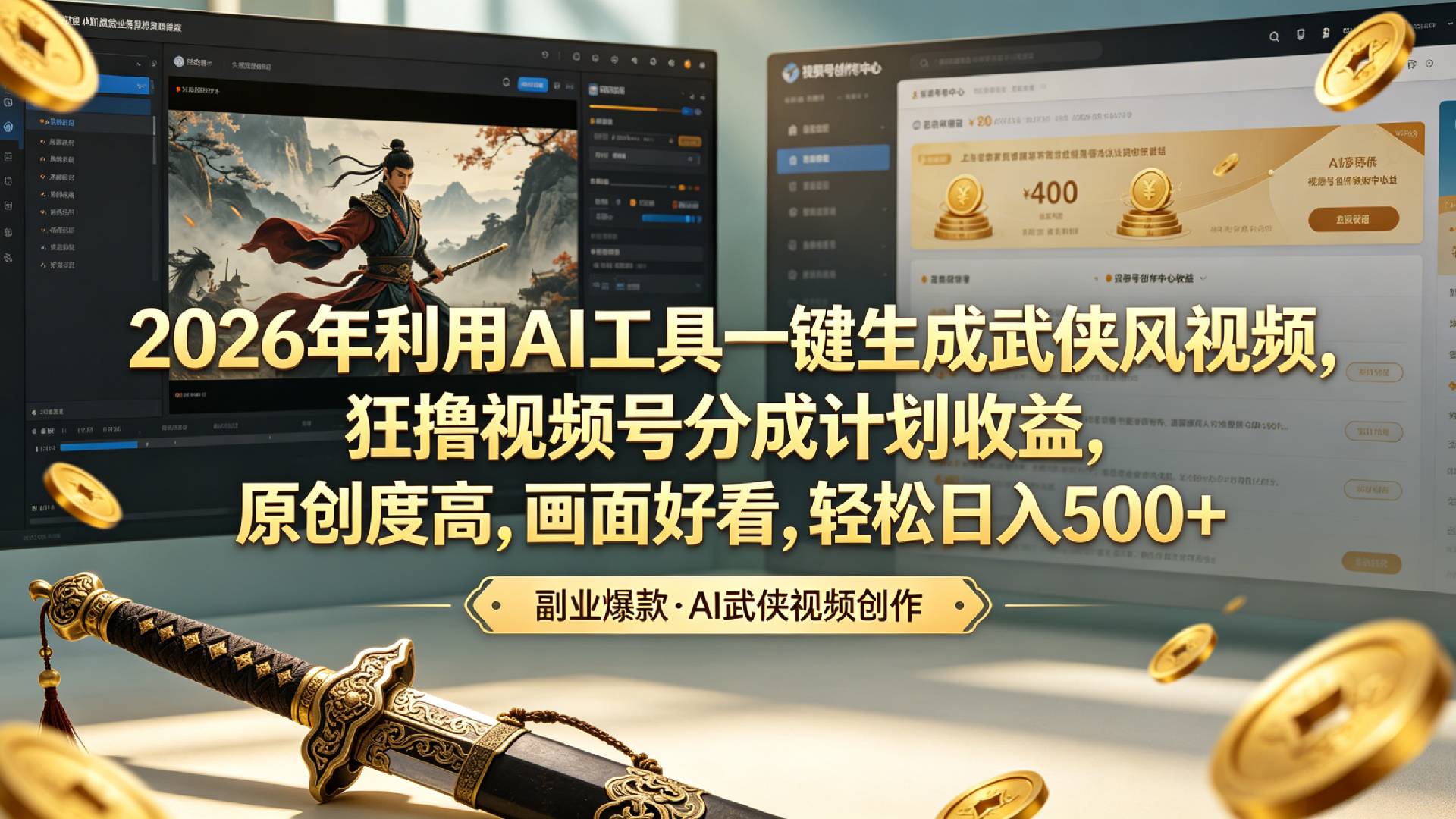 2026年利用AI工具一键生成武侠风视频，狂撸视频号分成计划收益，原创度高，画面好看，轻松日入500+共创吧-网创项目资源站-副业项目-创业项目-搞钱项目共创吧